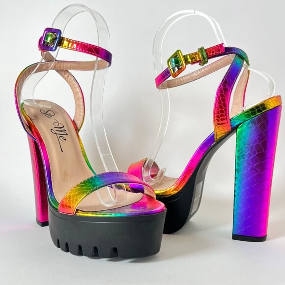 So Me Rainbow Heels Women Sexy holographic multicolor mermaid platforms Size 6.5 - Picture 1 of 6